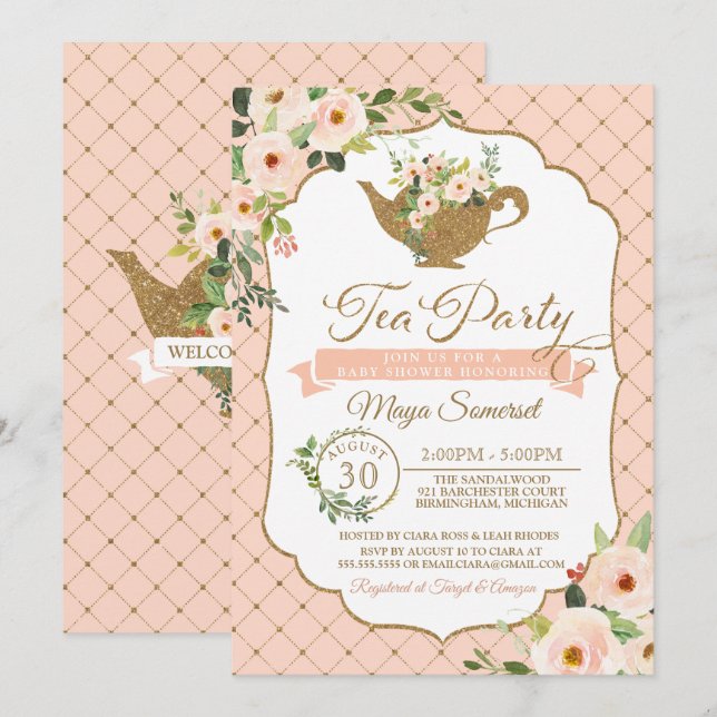 Tea Party Luxury Blush Floral Girl Baby Shower Invitation (Front/Back)