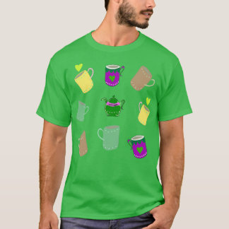 Tea Party Pattern Hand Drawn Mugs and Teapots T-Shirt