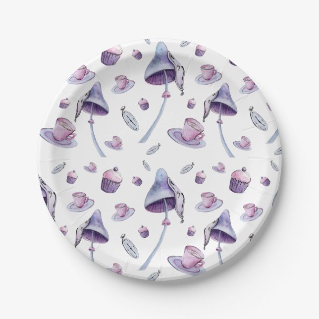 Tea party pink and blue watercolor paper plate (Front)