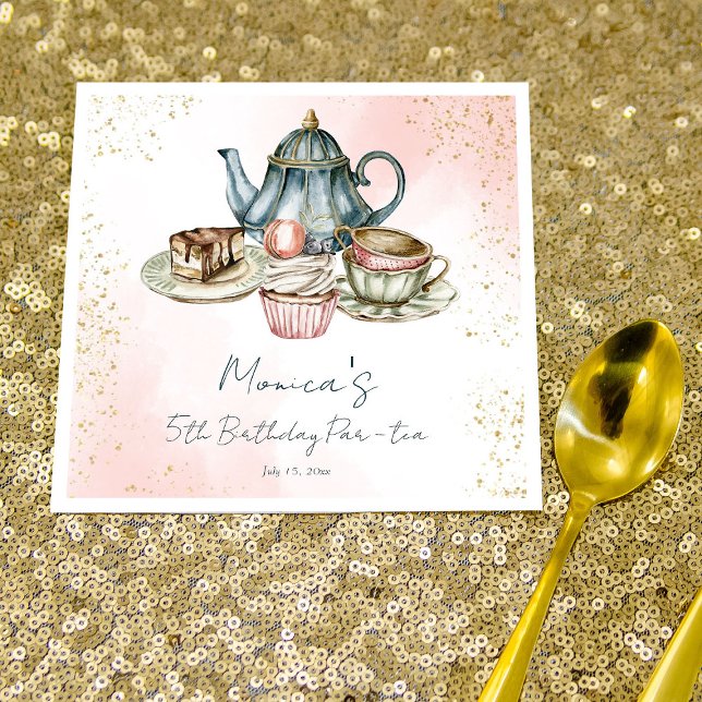 Tea party pink blue birthday personalised napkin (Creator Uploaded)