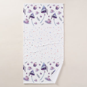 Tea Party Pink Cups and Blue Mushrooms Watercolor Bath Towel