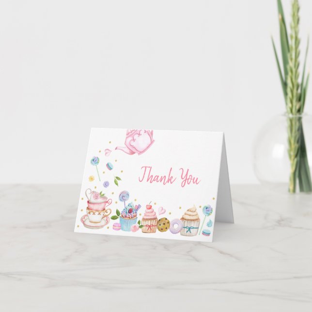 Tea Party Pink Floral Birthday Thank You Card (Front)