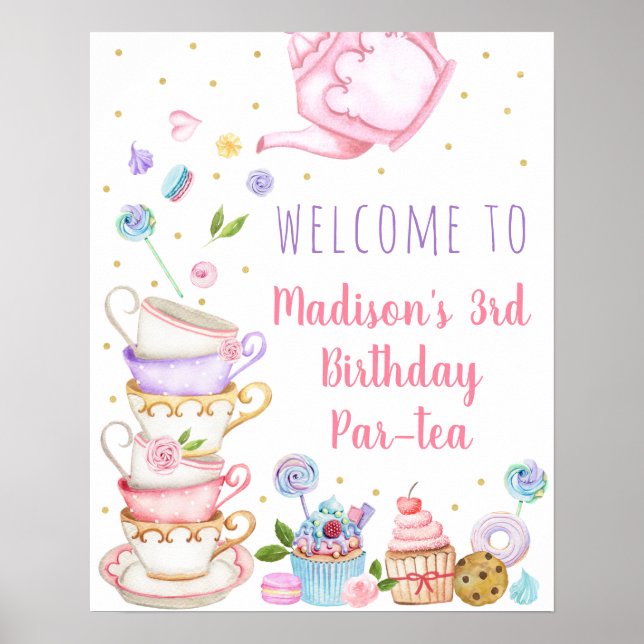 Tea Party Pink Floral Birthday Welcome  Poster (Front)