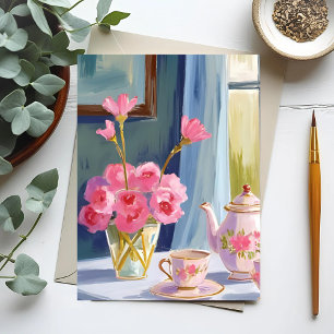 Tea Party Pink Flower Painting Floral Postcard