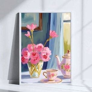 Tea Party Pink Flower Painting Floral Poster