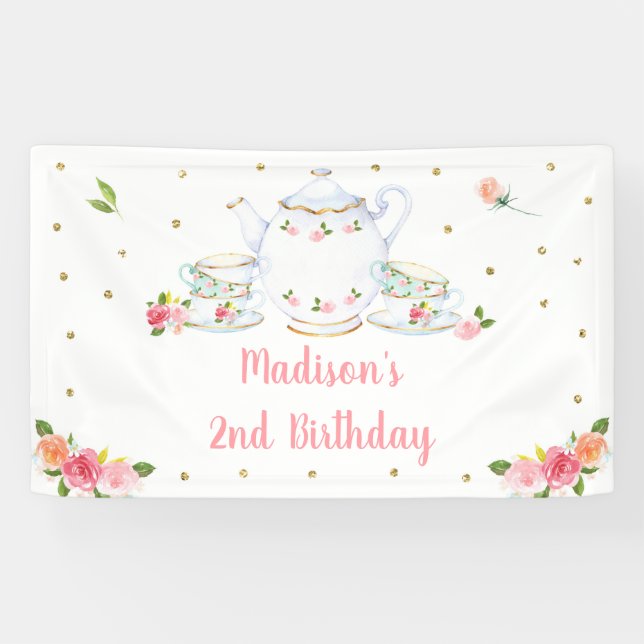 Tea Party Pink Gold Floral Birthday Banner (Horizontal)