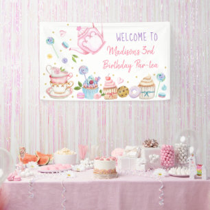 Tea Party Pink Gold Floral Birthday Banner