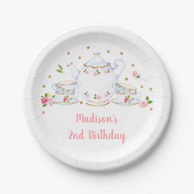 Tea Party Pink Gold Floral Birthday Paper Plate (Front)