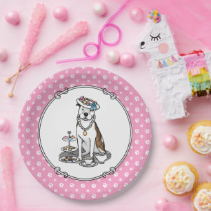 Tea Party Pit Bull (lt brindle white 3) dog cute Paper Plate