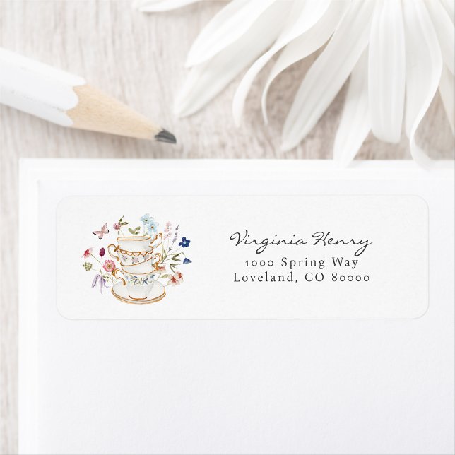 Tea Party Return Address Label (Floral Tea Party Return Address Label by Painted Paperie
)