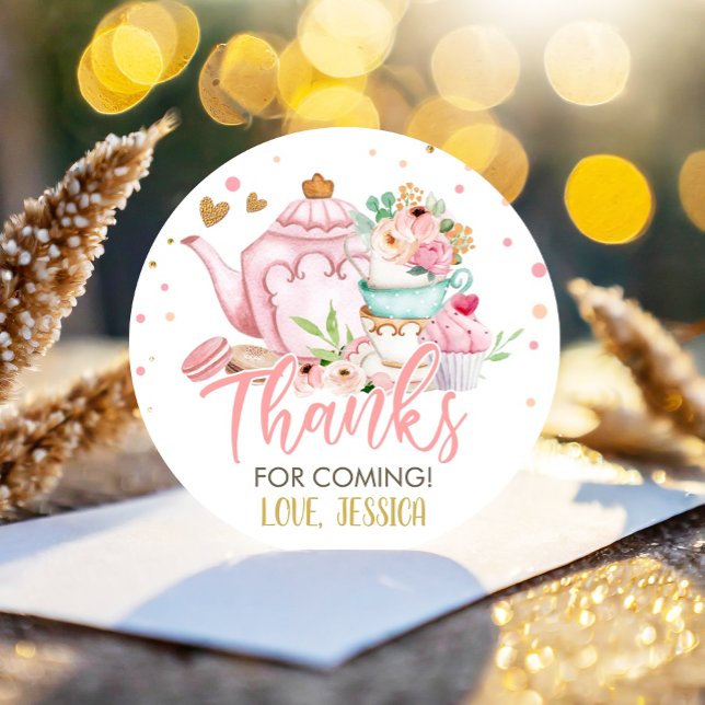 Tea Party Tea for Two Pink Floral Brewing Birthday Classic Round Sticker (Creator Uploaded)