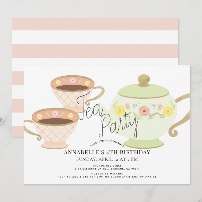 Tea Party Tea Pot & Cups Girl Birthday Invitation (Front/Back)