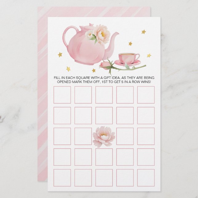 Tea Party Teapot Baby Shower Bingo Card (Front/Back)