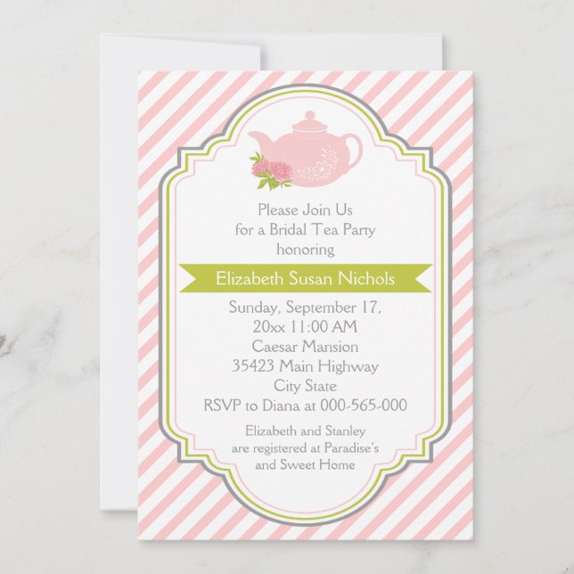 Tea party teapot, stripes pink green bridal shower invitation (Front)