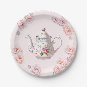 Tea Party Teapot Teacups Pink Rose Flower Paper Plate