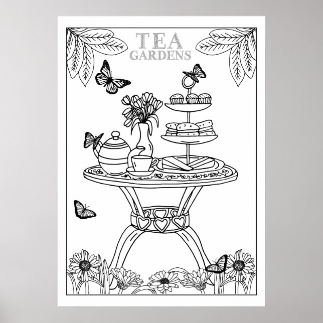 Tea Party Teatime English Garden DIY Colouring Poster (Front)