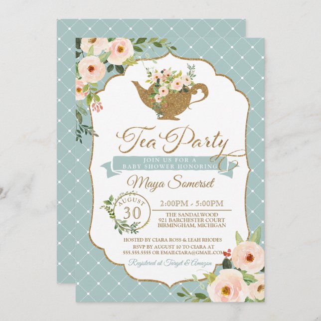 Tea Party Turquoise Blue Blush Floral Baby Shower Invitation (Front/Back)
