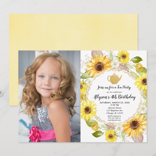 Tea party yellow white sunflowers floral birthday invitation (Front/Back)