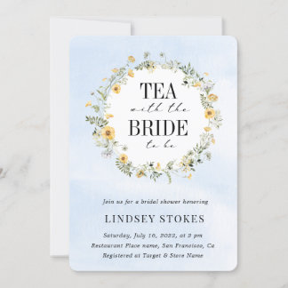 Tea Party Yellow Wildflowers Blue Bridal Shower Invitation