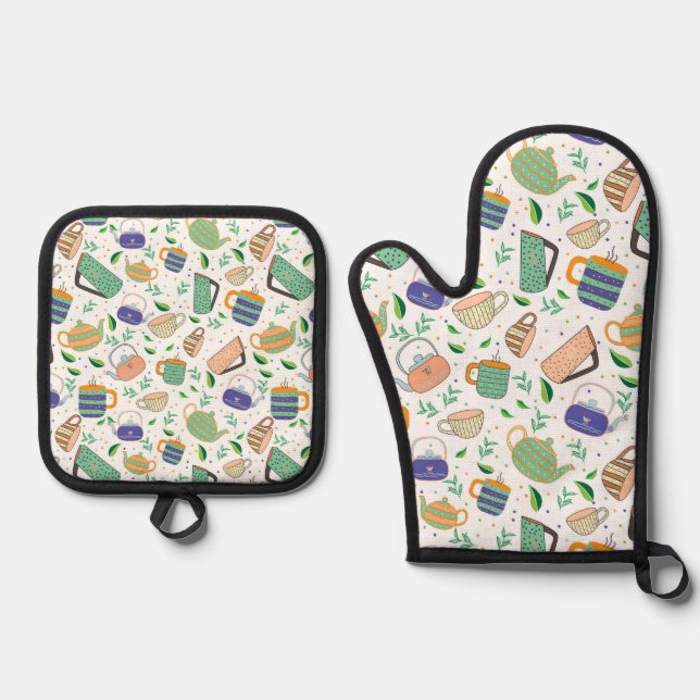tea pattern oven mitt & pot holder set (Front)