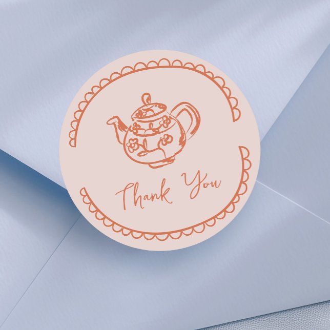 Tea Pot Doodle Thank You Favour Classic Round Sticker (cute tea pot doodle thank you sticker in peach)