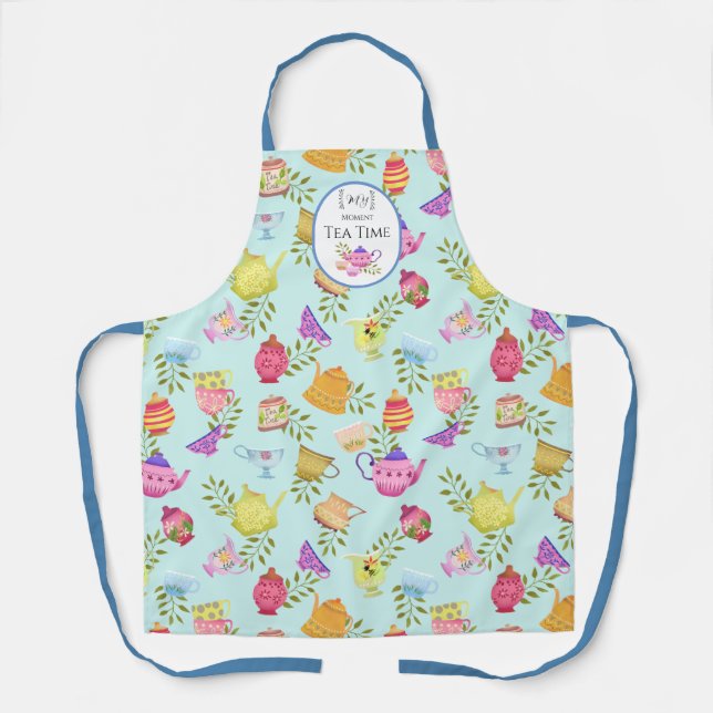 Tea Pots and Cups Blue All-Over Print Apron (Front)