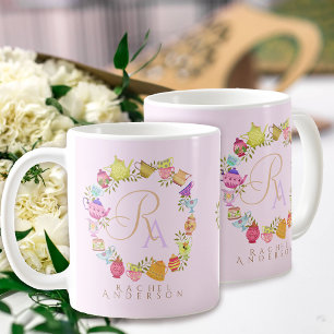 Tea Pots and Cups Monogram Pastel Pink Mug