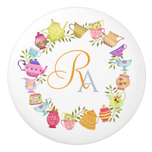 Tea Pots and Cups Monogram Pastel White Ceramic Knob