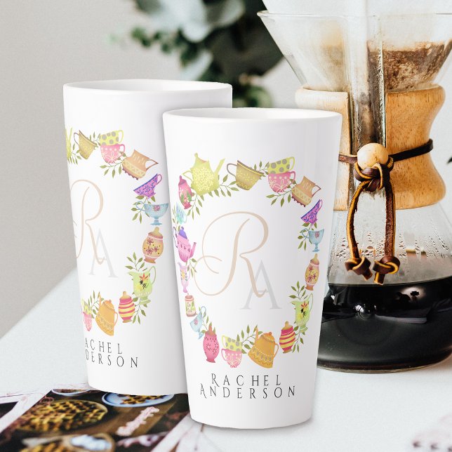  Tea Pots and Cups Monogram White Mug (Romantic and chic monogram design.)