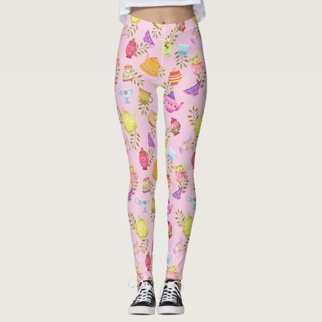Tea Pots and Cups Pink Leggings (Front)