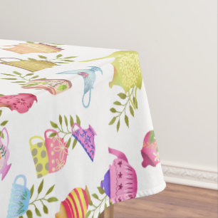 Tea Pots and Cups White Tablecloth