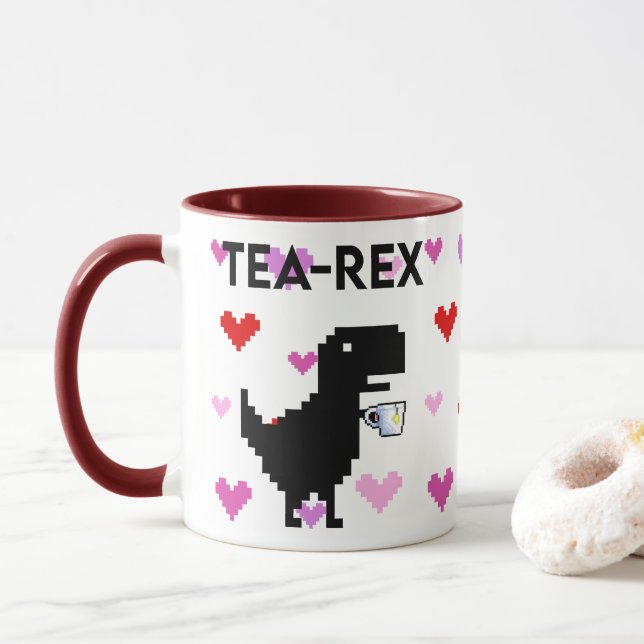 Tea-Rex with Pixel Hearts Mug (With Donut)