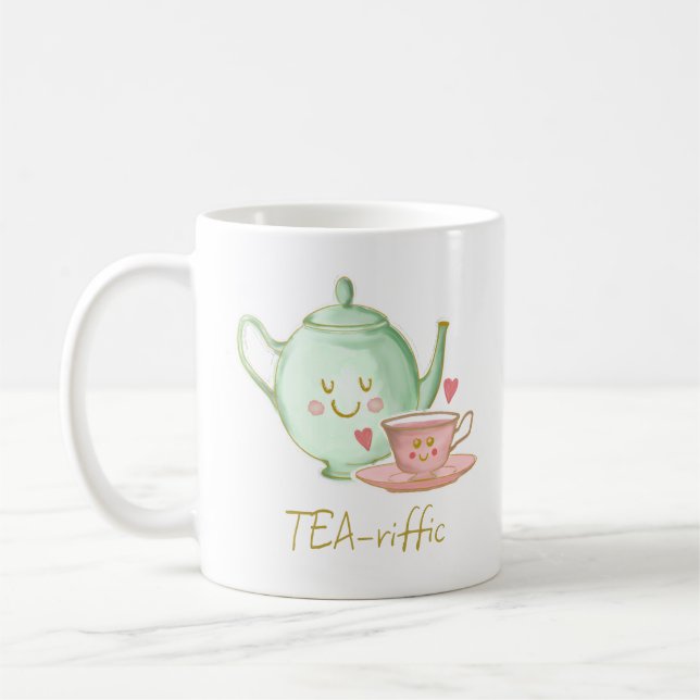 Tea-riffic, teapot, teacup, hearts & roses mug (Left)