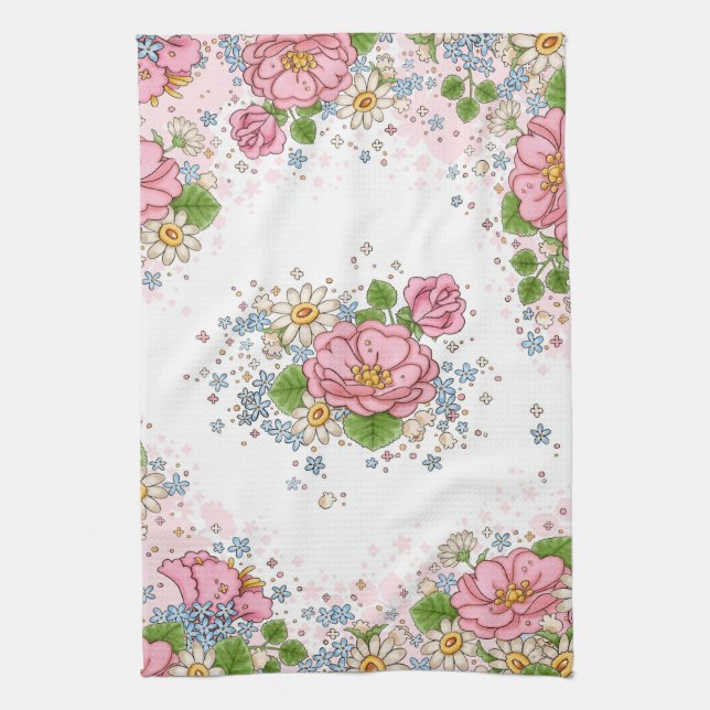 Tea Rose kitchen towel (pink) (Vertical)