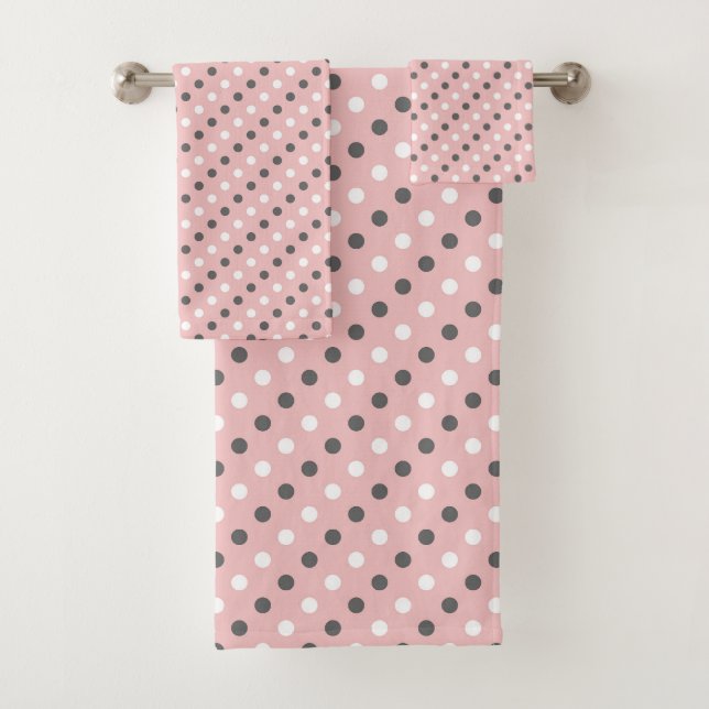 tea rose (red), grey and  white dots bath towel set (Insitu)