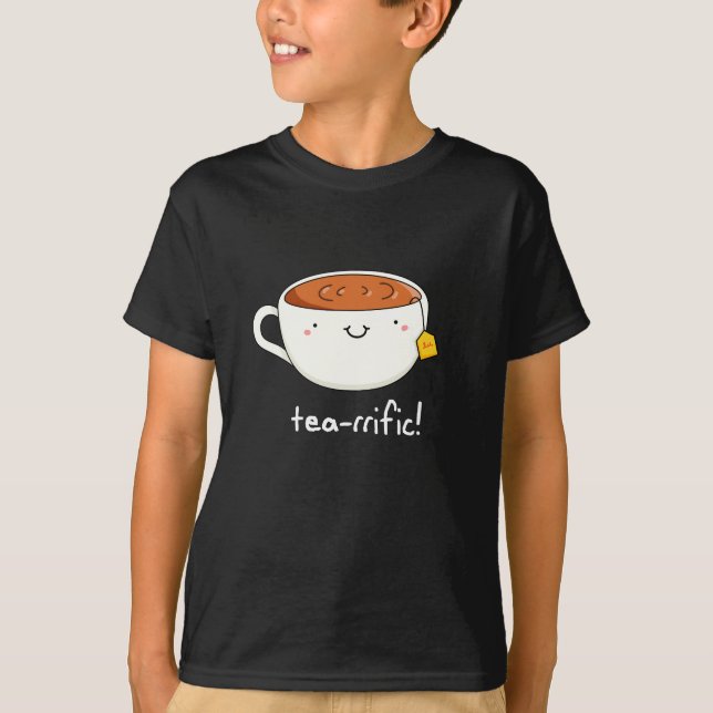 Tea-rrific Funny Cup Of Tea Pun Dark BG T-Shirt (Front)