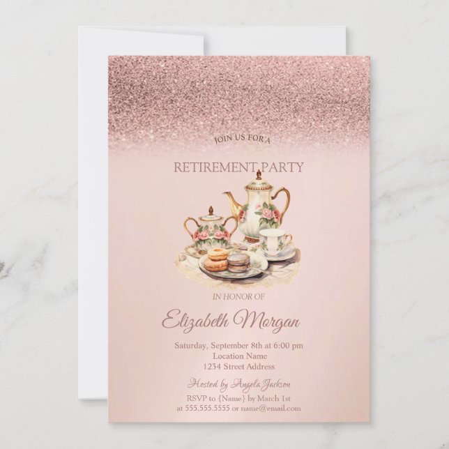 Tea Service Rose Gold Glitter Retirement  Invitation (Front)