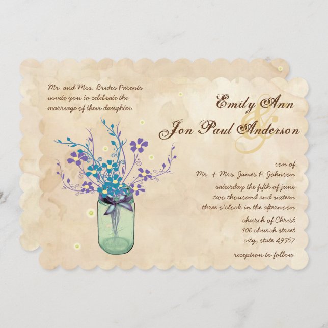 Tea Stain Aqua Purple Flower Mason Jar Invitation (Front/Back)