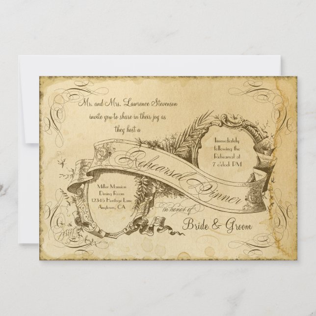 Tea Stained Vintage Wedding 1 - Rehearsal Dinner Invitation (Front)