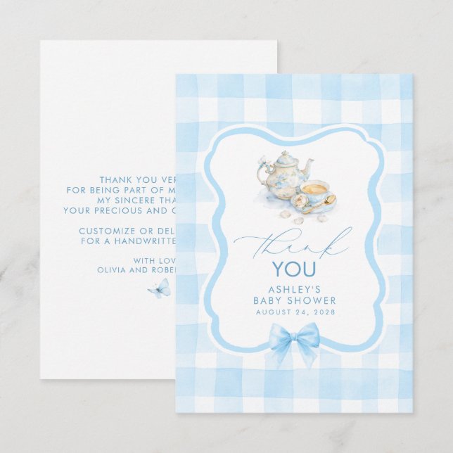Tea Themed Blue Gingham Cute Thank You Card (Front/Back)
