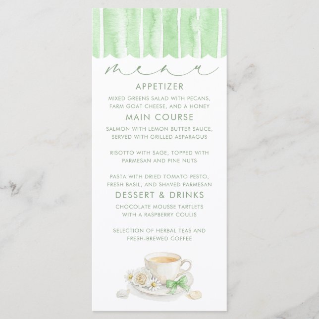 Tea Themed Green Baby Shower Menu Cards (Front)