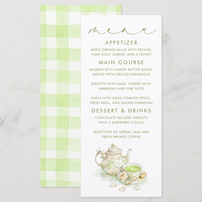 Tea Themed Green Gingham Pattern Menu Cards (Front/Back)