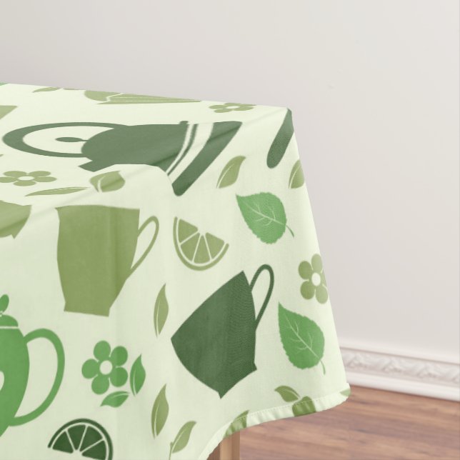 Tea themed green pattern tablecloth (In Situ)