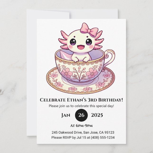 Tea Time Axolotl Birthday Invitation (Front)