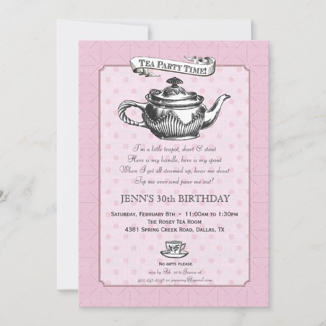Tea Time Birthday Party Invitation - Pink (Front)