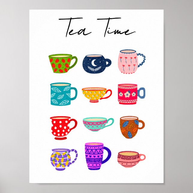 Tea Time Bright Watercolor Cups Colourful Kitchen  Poster (Front)