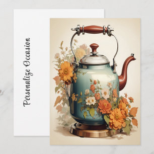 Tea Time Coffee Break Get Together Tea Pot Flowers Holiday Card
