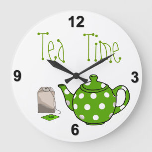 Tea Time Green & White Kitchen Large Clock