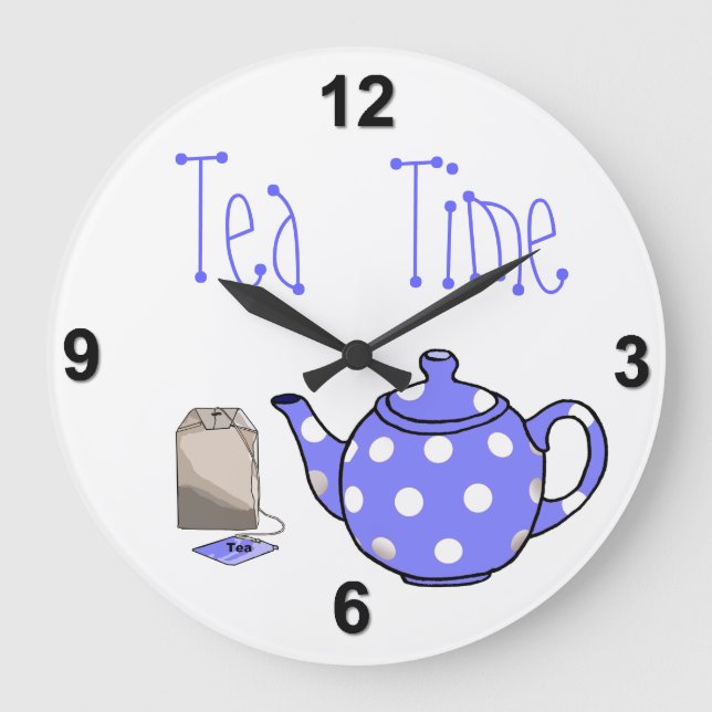 Tea Time Iris Blue & White Kitchen Large Clock (Front)