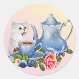 Tea time kitten classic round sticker